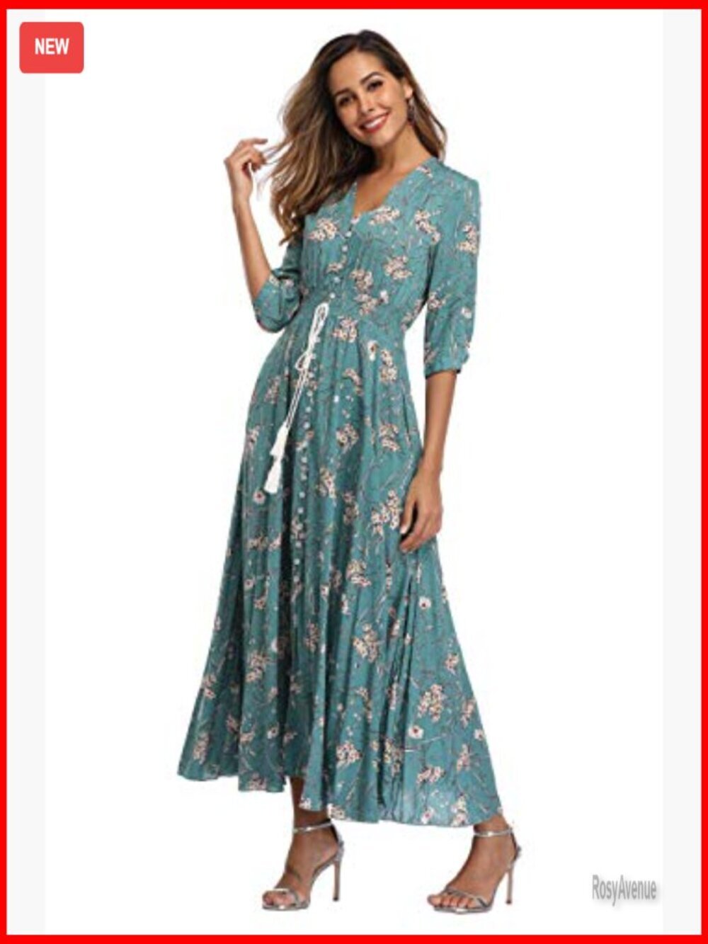 Floral Maxi Dress with Sleeves, Boho Beach Dress, Lightweight Rayon - Picture 4 of 7
